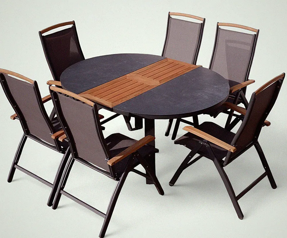 ALEOS. Gartengarnitur Alu TEAK Set Tisch oval 120-160cm ausziehbar + 6Hochlehner