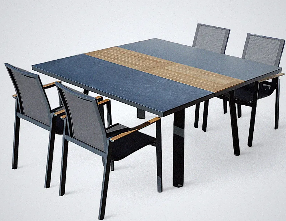 ALEOS. Gartengarnitur Alu TEAK Tisch 150x110-160cm ausziehbar + 4 Stapelstühle