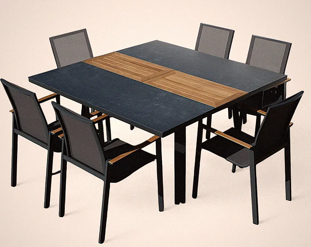 ALEOS. Gartengarnitur Alu TEAK Tisch 150x110-160cm ausziehbar + 6 Stapelstühle