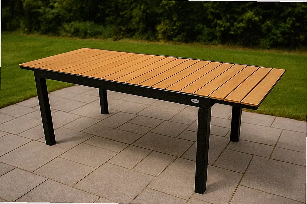 Aluminium-Gartentisch, Gartenmöbel, Ausziehbarer Tisch, Holzimitation, 150/200