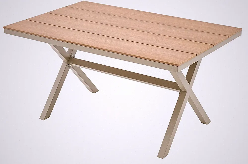 Aluminium Gartentisch Gartenmöbel HOLZIMITATION Tischplatte Rahmen Beige 150cm