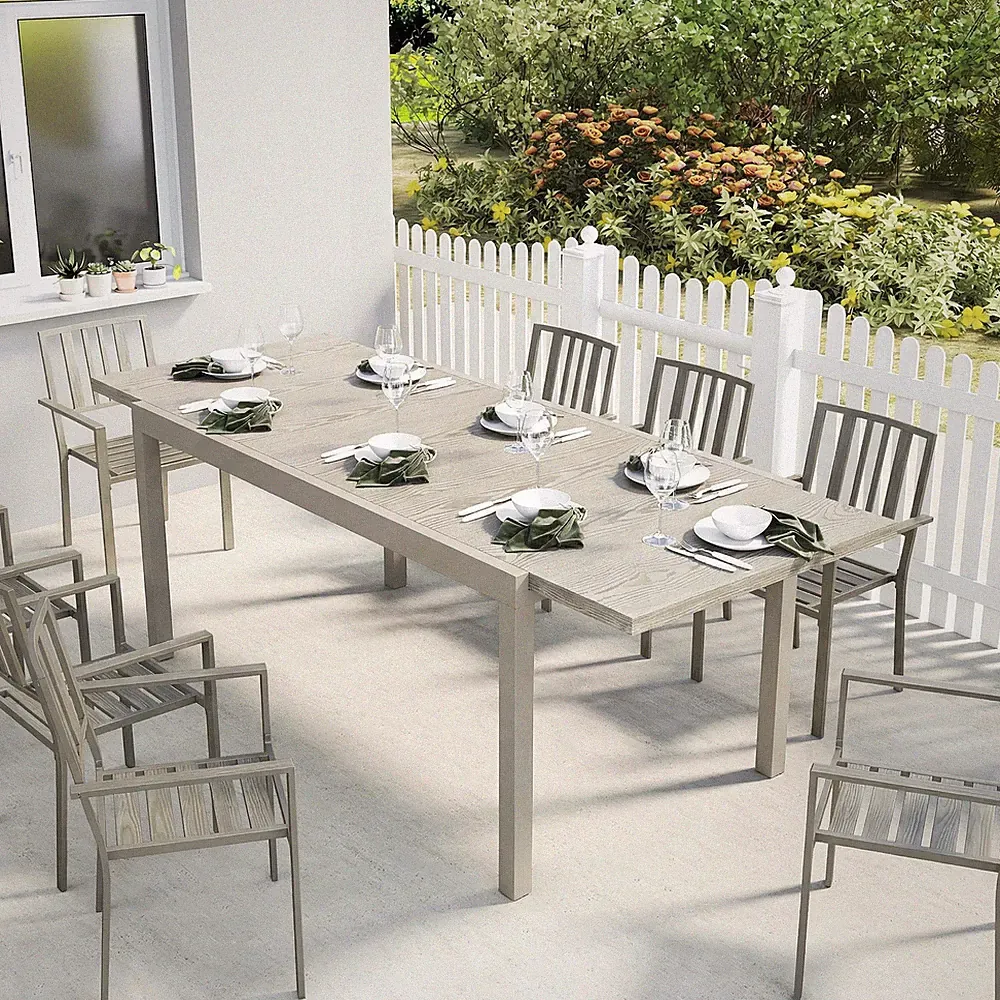 Ausziehbarer Gartentisch, Aluminium Outdoor Esstisch für 8-10 mit Holzähnlichkeit