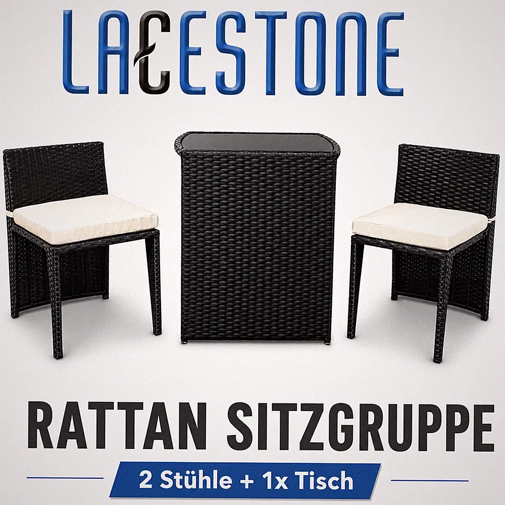 Balkonmöbel Gartenmöbel Sitzgruppe für Terrasse Rattan 3tlg Schwarz Lacestone®