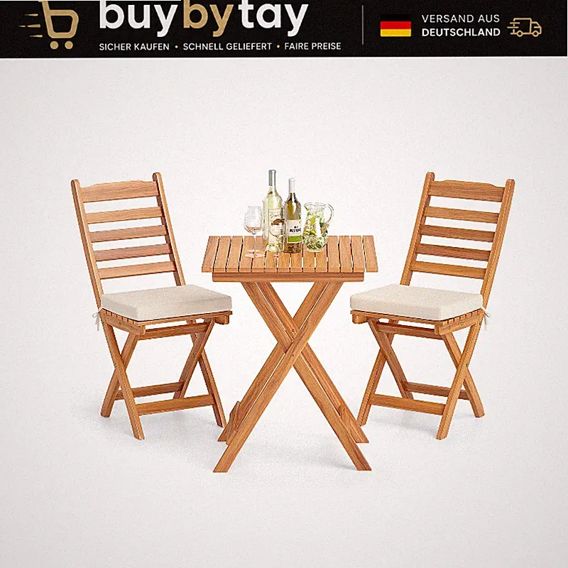 Balkonmöbel Set 3tlg. Bistrotisch mit 2 Klappstühlen Akazienholz Kissen Garten