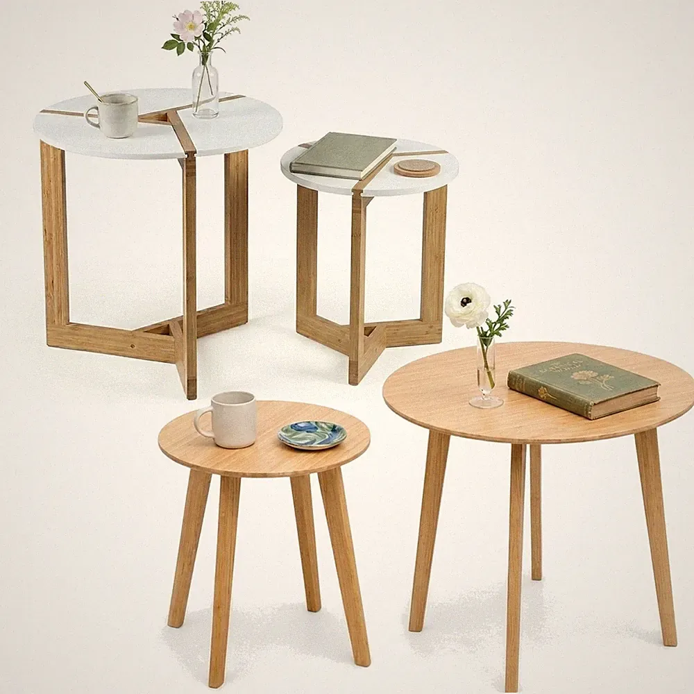 Bambus Beistelltisch rund Natur-Design – Couchtisch Sofatisch Set Wohnzimmer
