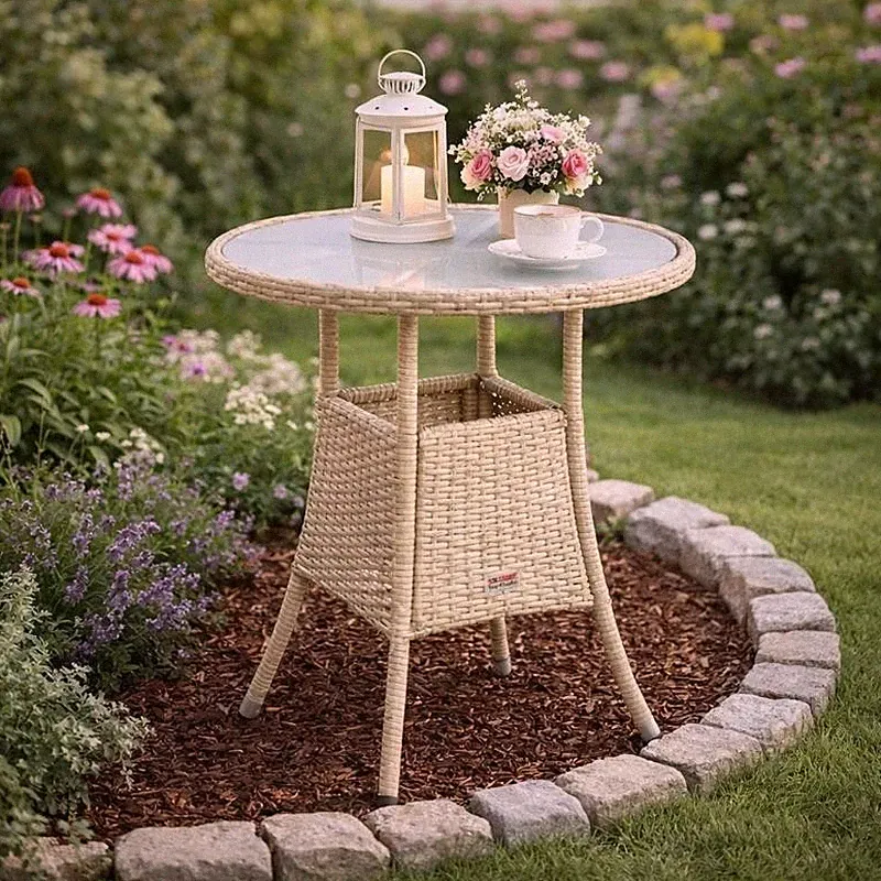 Beistelltisch Tisch Polyrattan Gartentisch Rattan Balkontisch Rund Beige