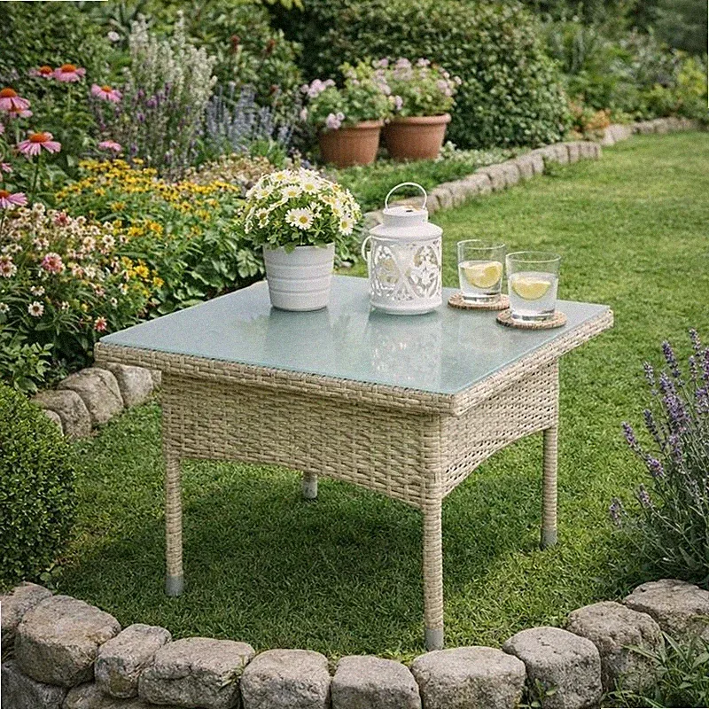 Beistelltisch Tisch Polyrattan Gartentisch Rattantisch Rattan Balkontisch Beige