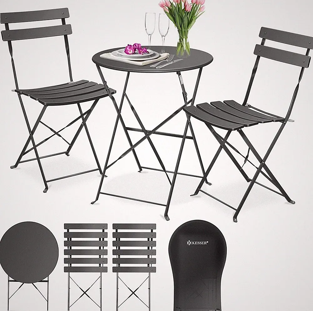 Bistro 3-teilig, 2 Klappstühle mit Abdeckung,Balkonmöbel-Set,Gartensitze, Metall