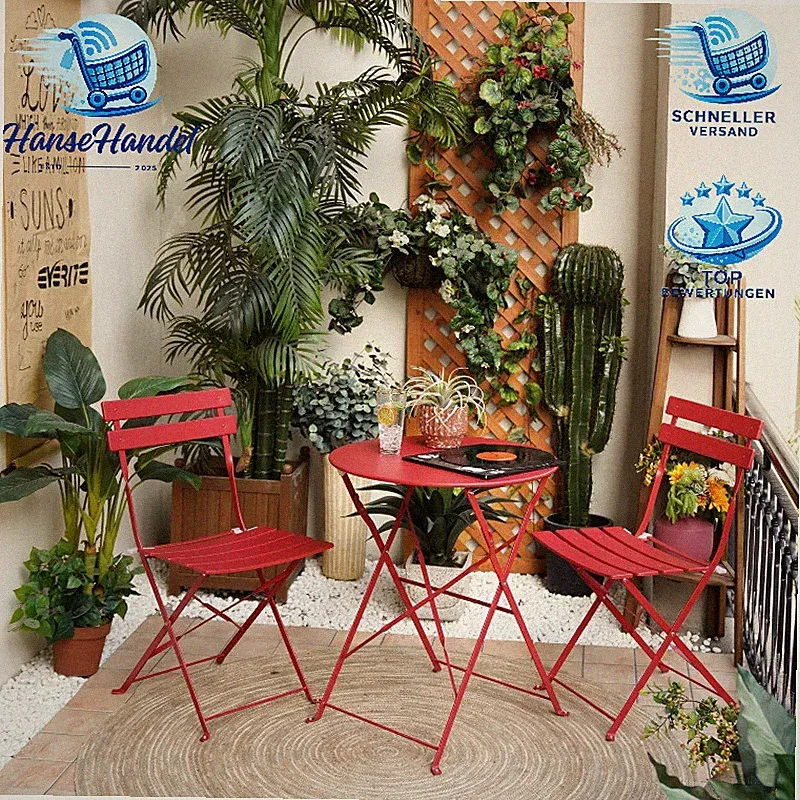 Bistro Set 3 Stück Gartenmöbel Klappbar Premium Stahl Rot 2 Stühle 1 Tisch