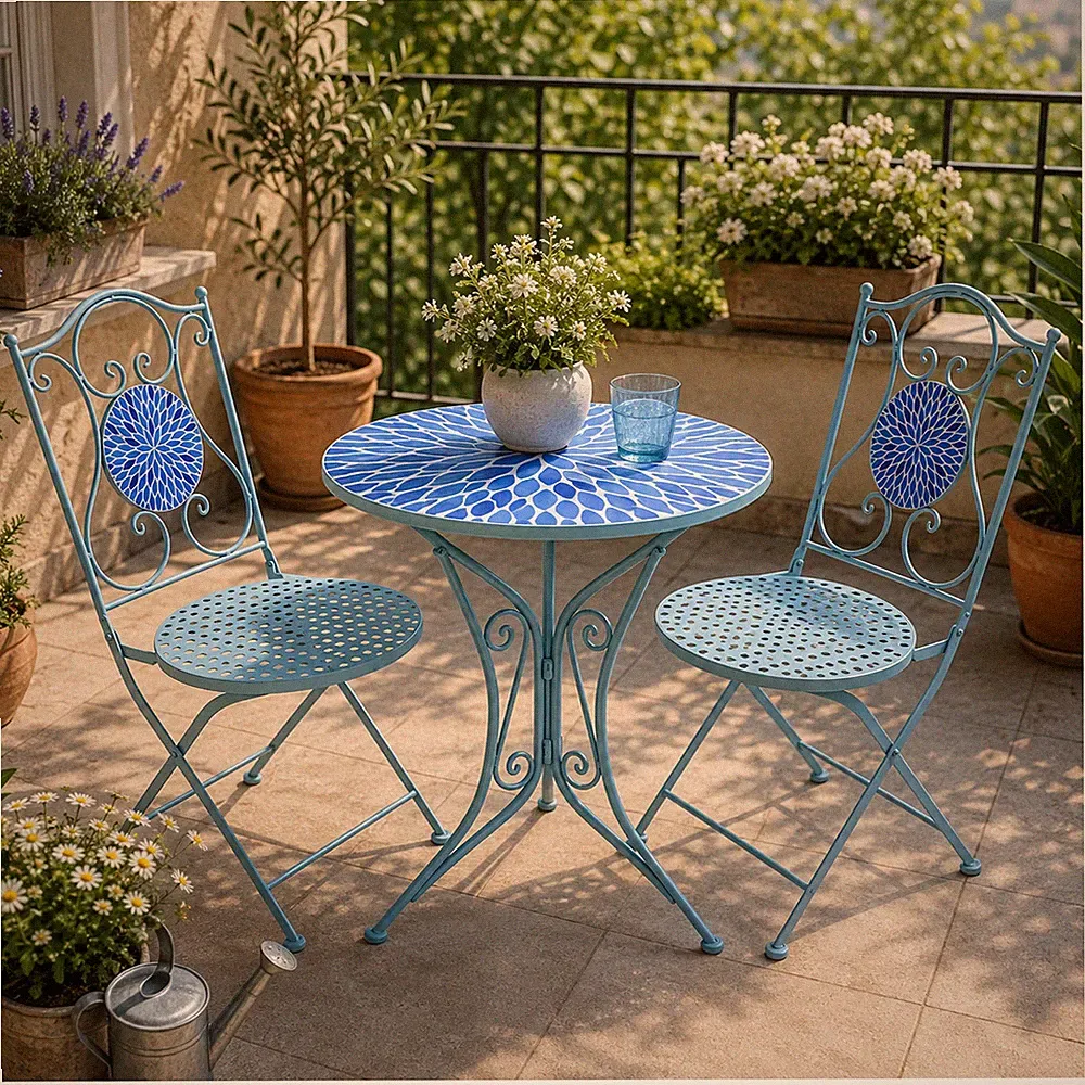 Bistro Set Metall blau Tisch 55 cm mit 2 Stühlen Balkon Garten Sitzgruppe