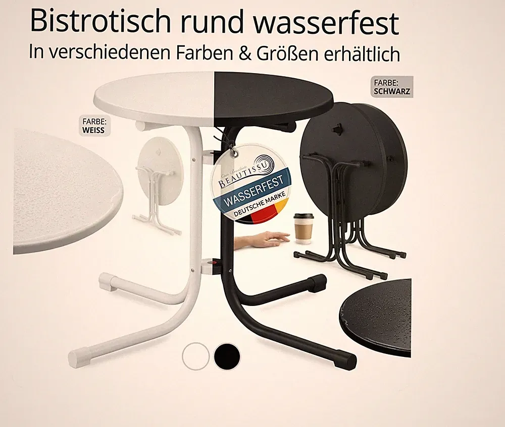 Bistrotisch Campingtisch rund Gartentisch Balkontisch schwarz weiß 60 70 80 cm