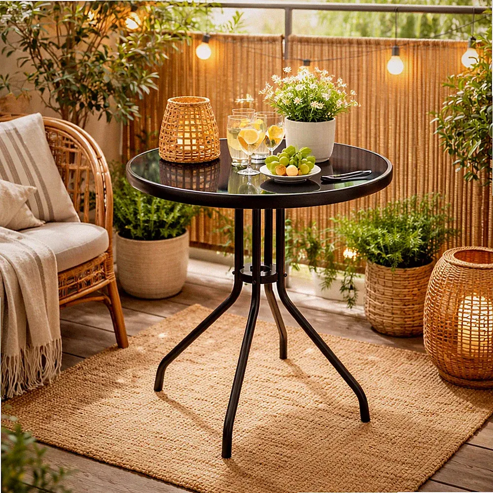 Bistrotisch Rund Ø60xH70cm Glas/Metall schwarz Balkontisch Glastisch Gartentisch