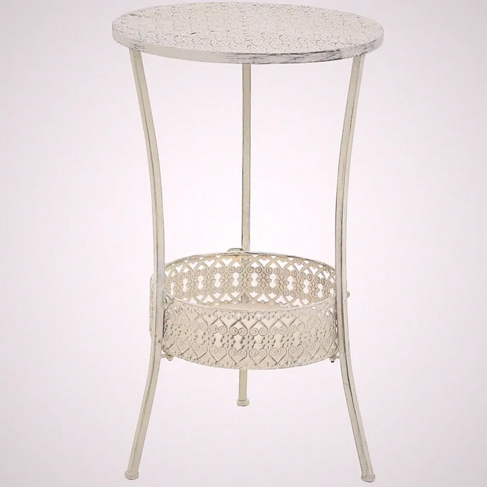 Bistrotisch weiß Metall 40x70 cm Vintage rund mit Dekokorb Antiquitäten