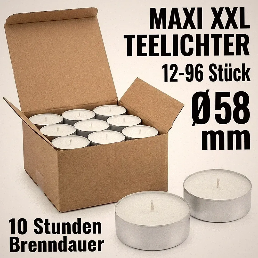 CANDRA XXL Teelichter Ø58mm – 10 Stunden Brenndauer 12/24/48/96er Set Weiß Deko