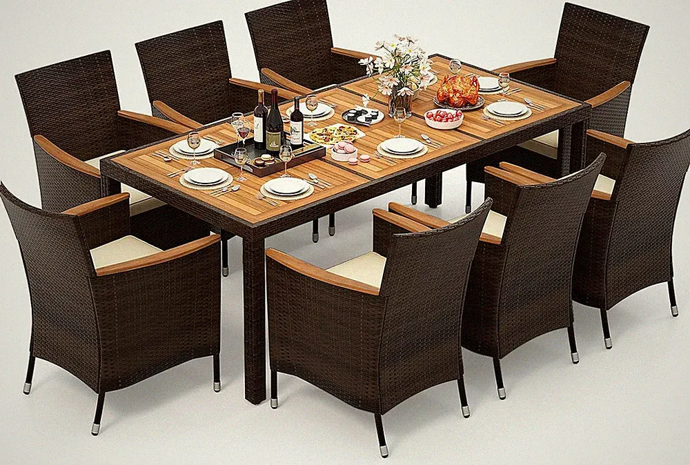 COSTWAY 9 TLG. Rattan Gartenmöbel Set, Sitzgruppe Für 8 Personen, Gartentisch Mi