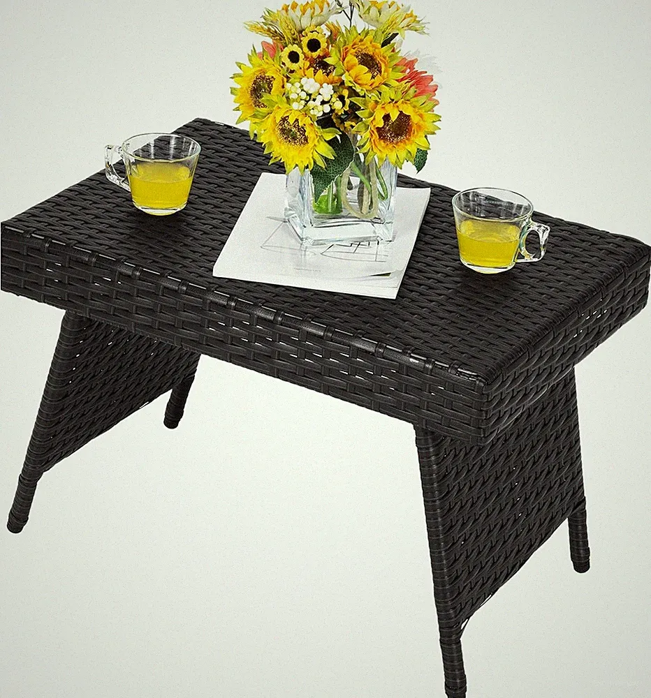 COSTWAY Beistelltisch Outdoor Klappbar, Polyrattan Gartentisch, Balkontisch Wett