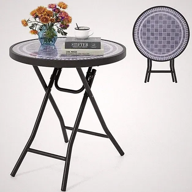 Costway runder klappbarer Beistell-Couchtisch Terrassen mit Hartglas-Tischplatte 2606