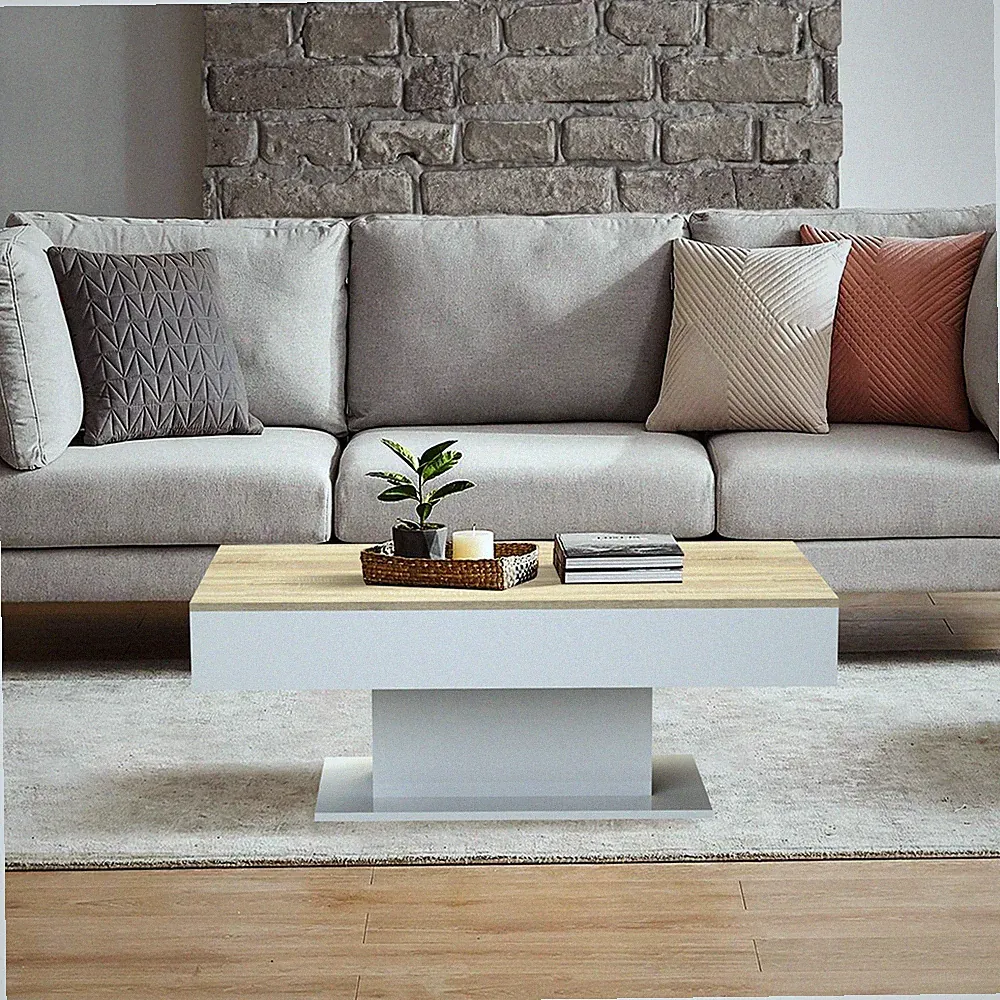 Couchtisch mit 2 Staufächern Wohnzimmertisch Beistelltisch Weiß Eicheoptik