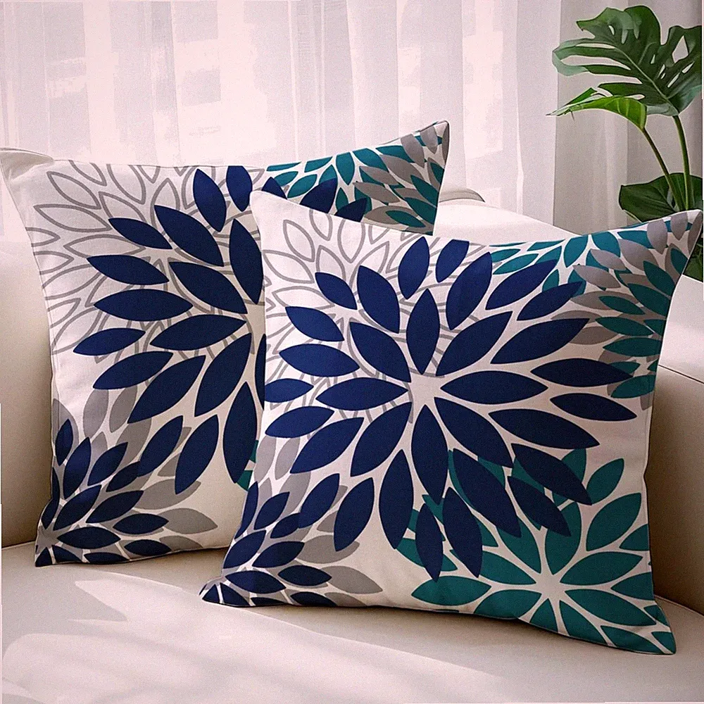 Dekokissen 40x40cm 2er Set Baumwolle Blumen Modern Blau Schwarz Grau Sofa Garten