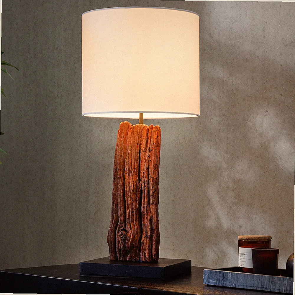Design Tischlampe PERIFERE 60cm natur weiß rund Teakholz handgearbeitet Lampe