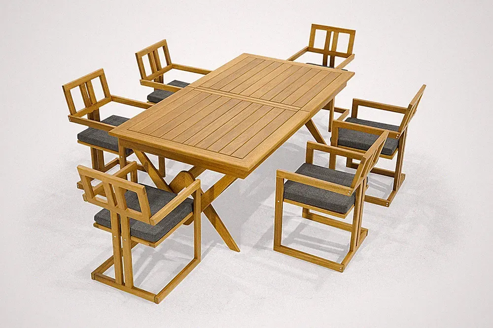 Dunkelbraune Gartenmöbel Designer Holz Esstisch 6x Polsterstühle 7tlg