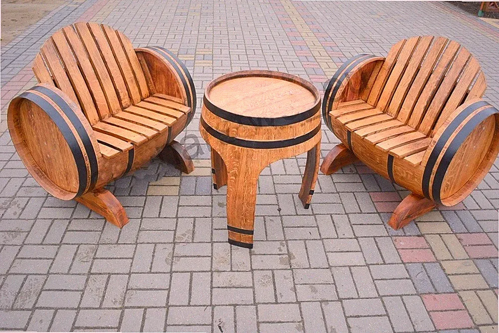 Eichen Holz Tisch mit 2 Stühlen Terrassen Balkon Eichenfass Möbel aus Weinfass