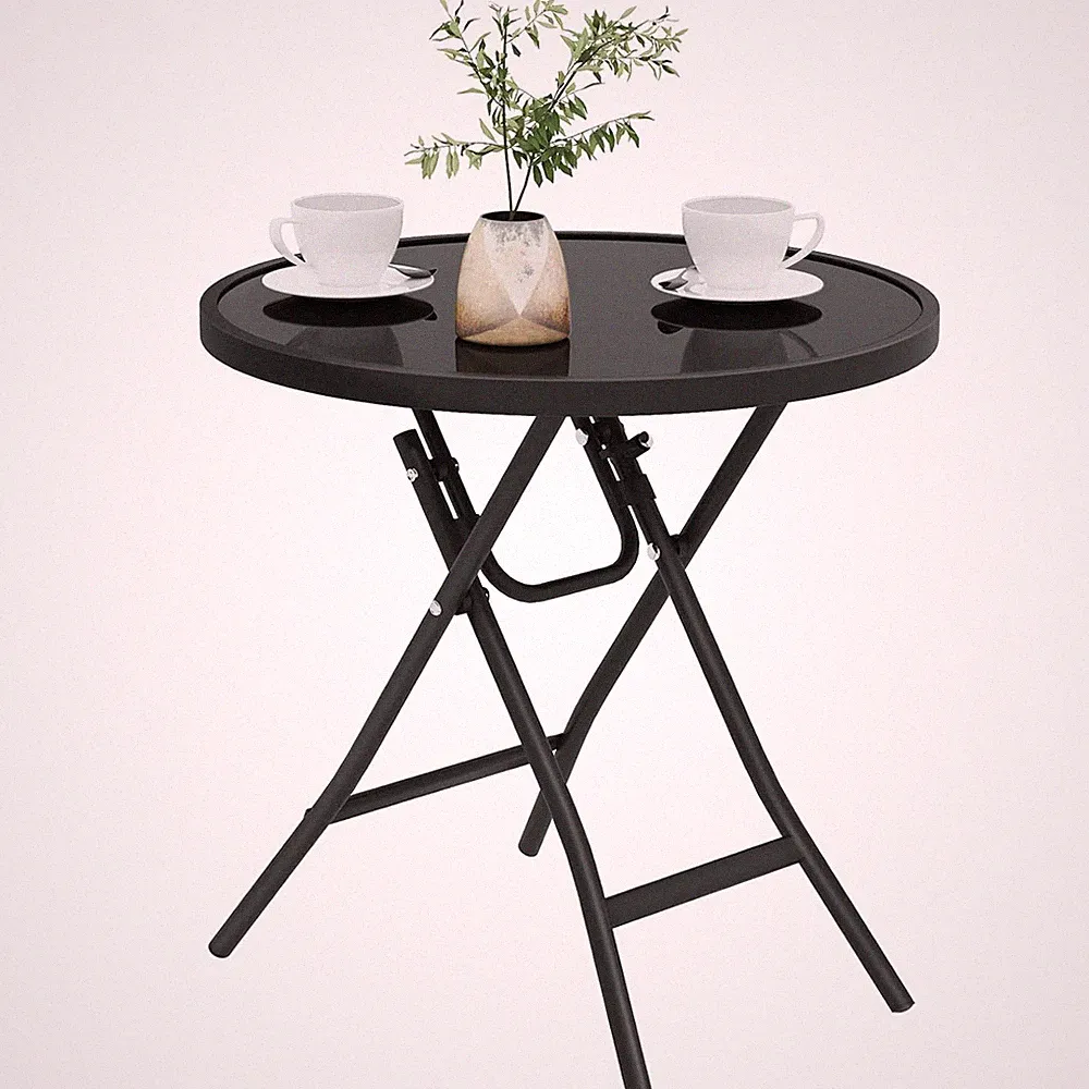 Eleganter Klapptisch für Balkon oder Garten, φ46x47,5cm, schwarz mit Glasplatte