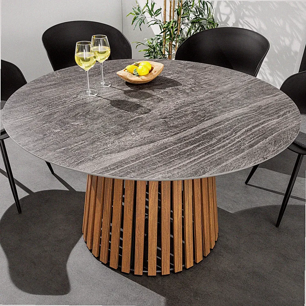 Esstisch VALHALLA 115cm grau - Keramik Lamellen-Design In- & Outdoor Gartentisch