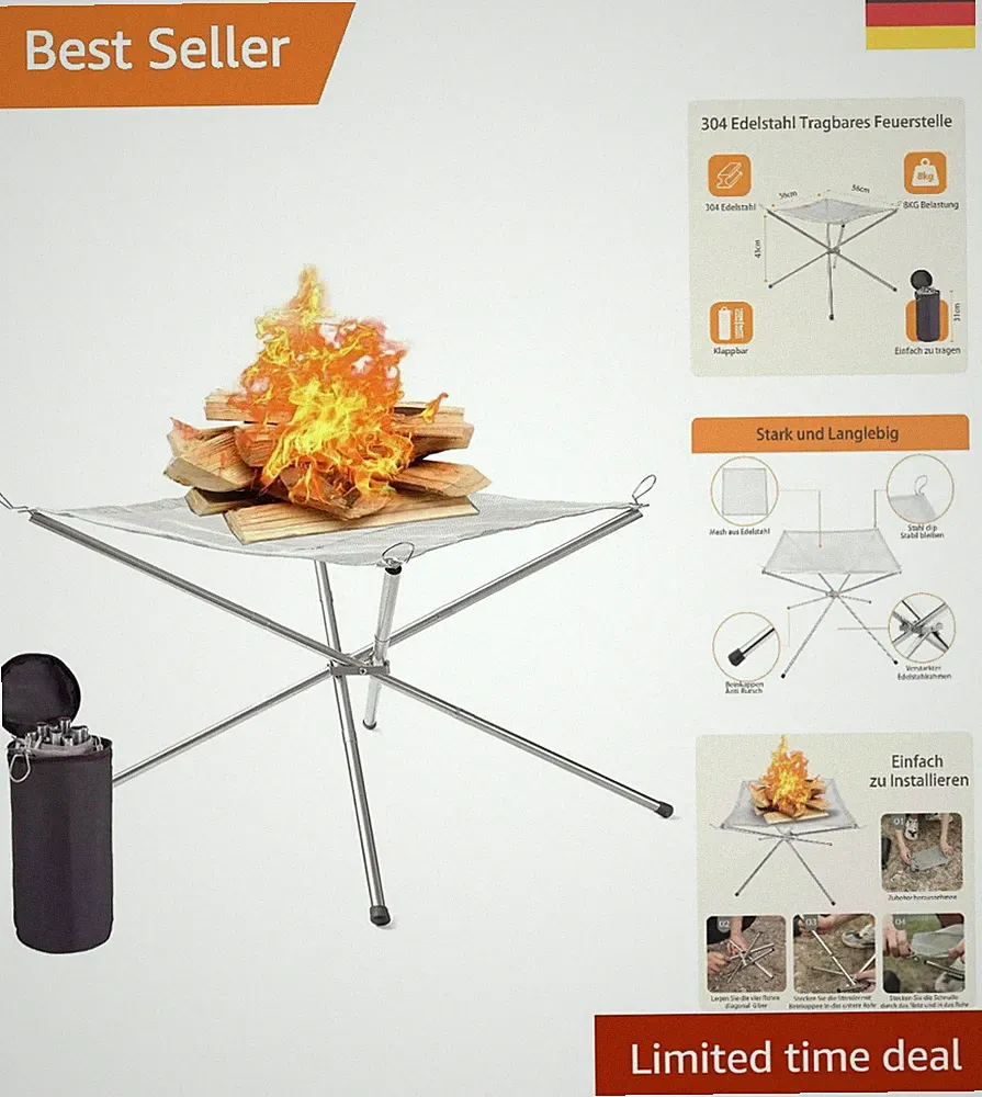 Feuerschale Edelstahl Faltbar 56cm Camping Garten BBQ Tragbar