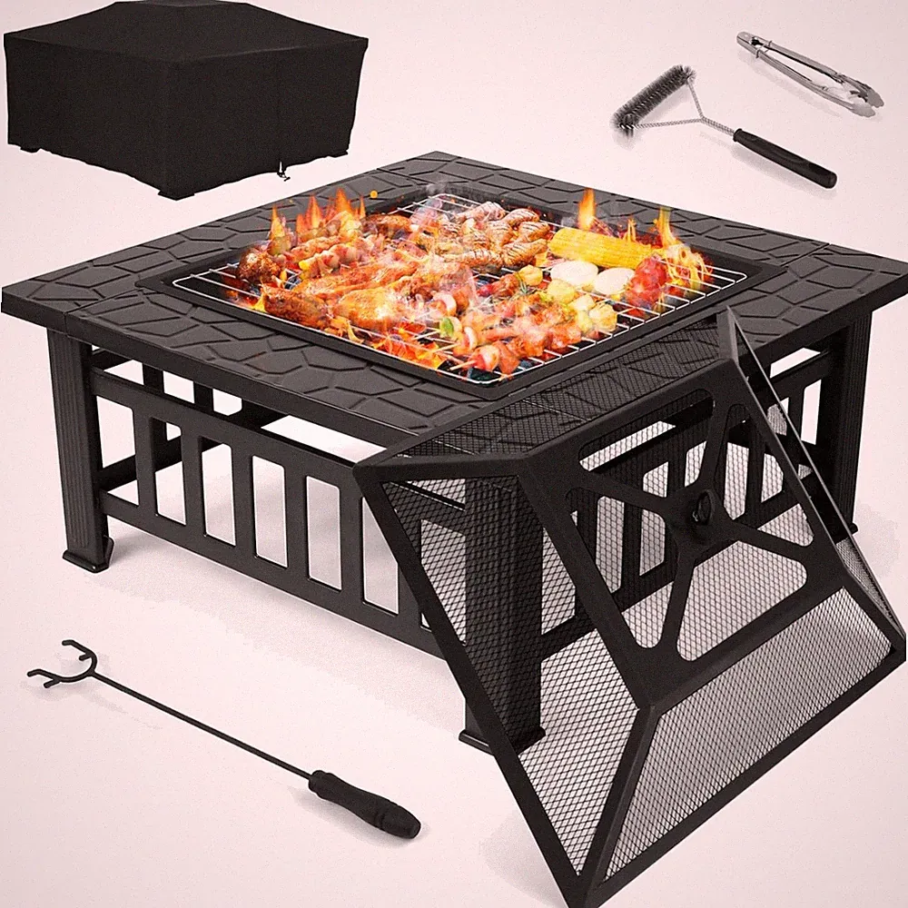 Feuerschale, Feuerkorb, Grill, Lagerfeuer, Garten, Camping, quadratisch, 81cm...