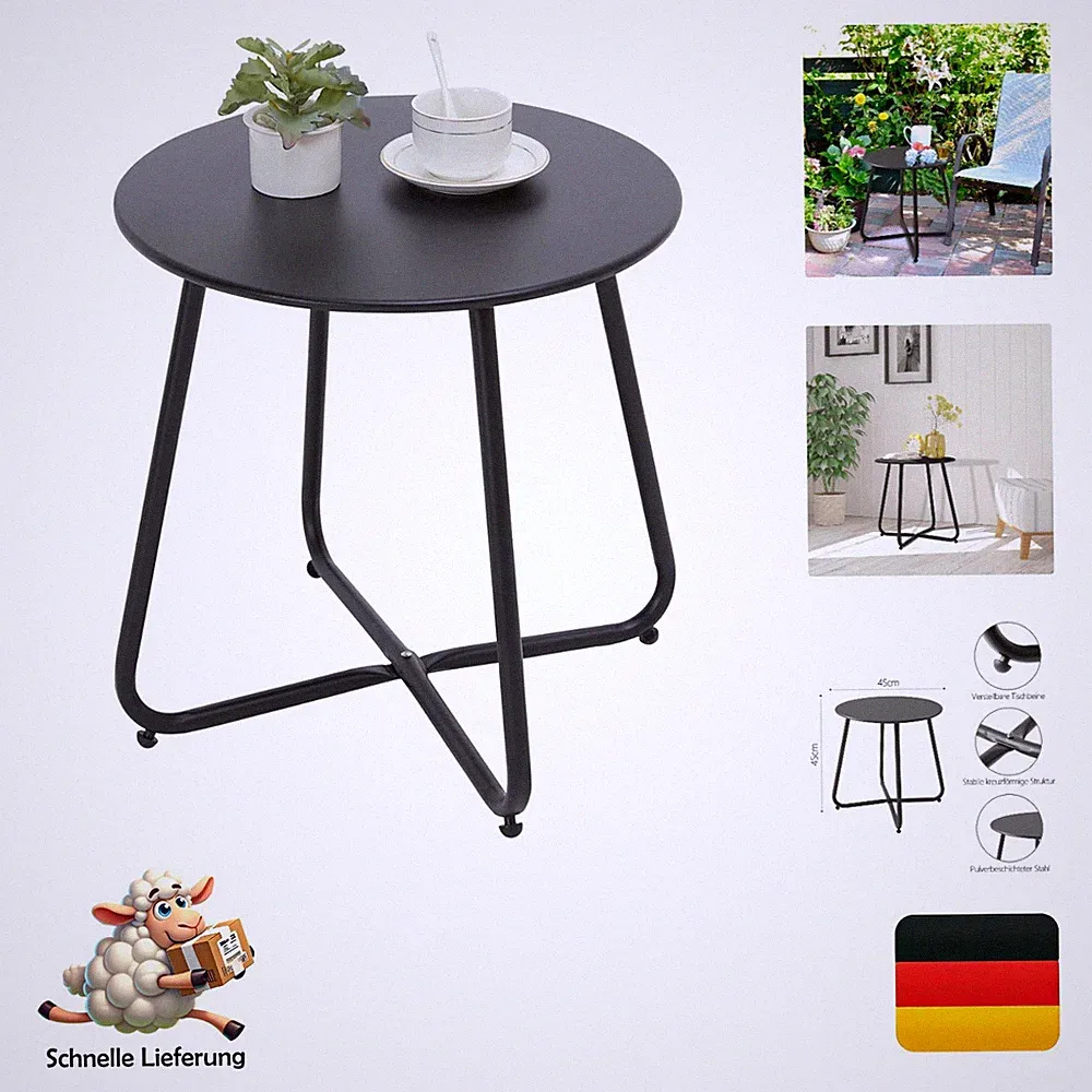 Fokebel Beistelltisch Metall Rund Verstellbare Tischbeine Schwarz 45cm für Ga...
