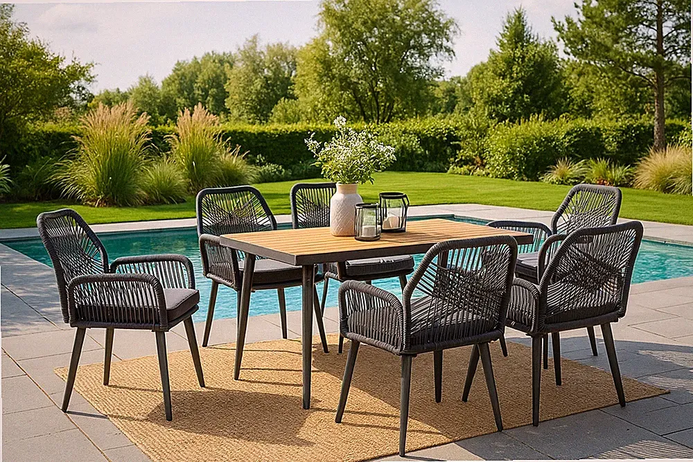 Garten Sitzgruppe Tisch mit 6-8 Stühle wetterfest Seilgeflecht WPC Esstisch Set