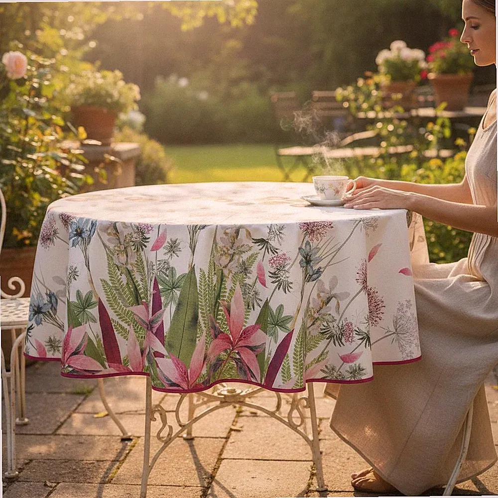 Garten Tischdecke rund Ø160 cm weiß bunt rosa Blumen pflegeleicht Küche Terrasse