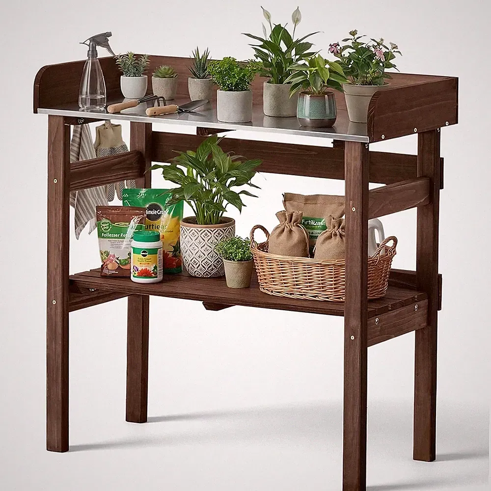 Gartenarbeitstisch Holz 780x380x820mm mit Ablage und Haken outdoor