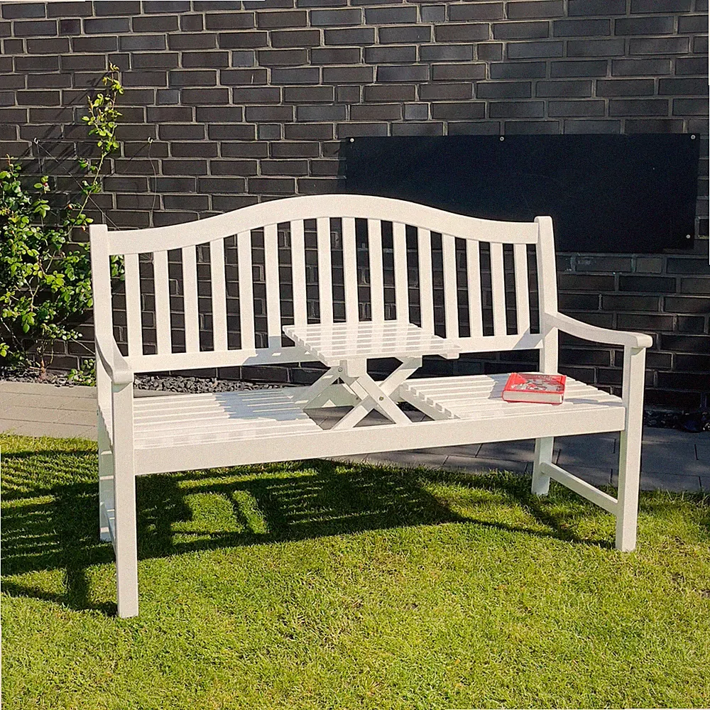 Gartenbank mit Tisch, Akazienholz weiß lackiert