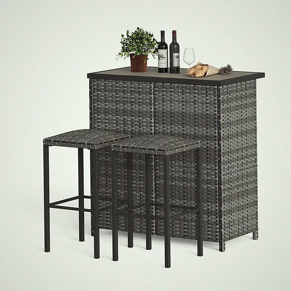 Gartenbar Set Rattan 3-TLG, Gartenmöbel mit 2 Stühlen & Tisch, platzsparend Bar