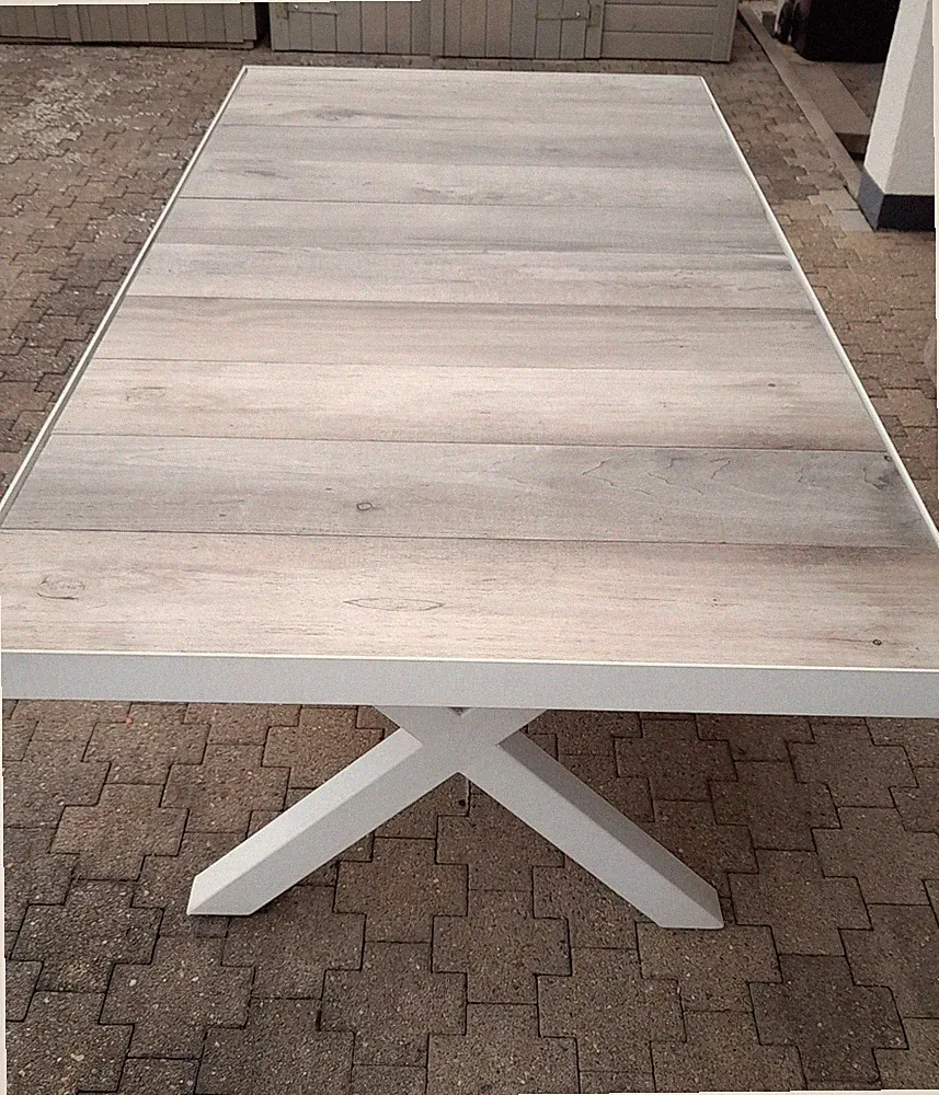 Gartenesstisch 205x100x75cm 8-12P mit 4xHochlehnerstühlen u 1xFußhocker Alu weiß