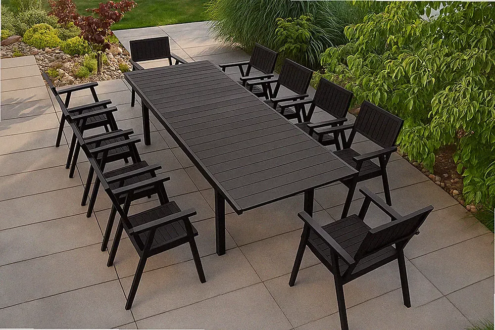 Gartengarnitur 11-tlg Gartenmöbel Set Alu Holz 180/240cm + 10 Stühle Composite