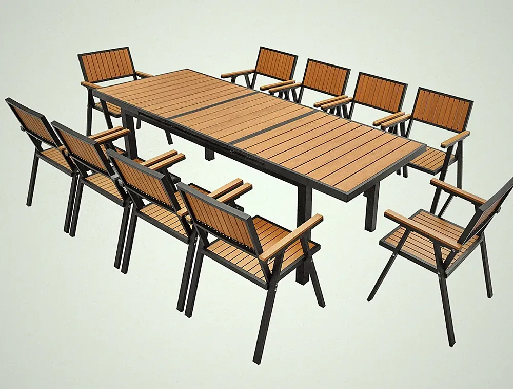 Gartengarnitur 11-tlg Gartenmöbel Set Alu Holz 180/240cm + 10 Stühle Composite