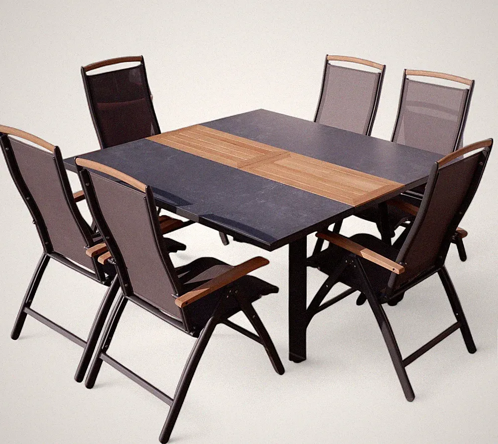 Gartengarnitur Alu TEAK Tisch quadratisch 150x110-150cm ausziehbar +6 Hochlehner