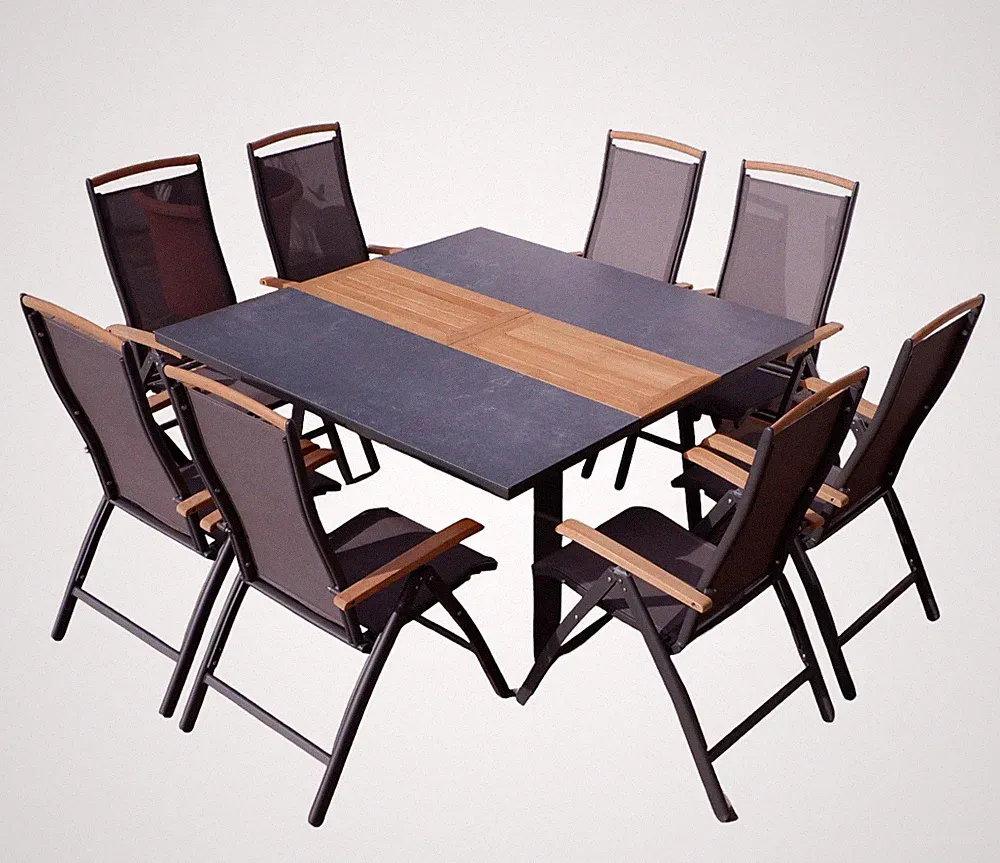 Gartengarnitur Alu Teak Tisch quadratisch 150x110-150cm ausziehbar + 8Hochlehner