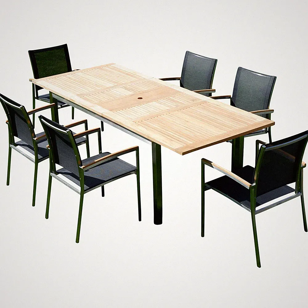 Gartengarnitur Edelstahl Teak Ausziehtisch 160/220x90 cm + 6 Sessel Batyline
