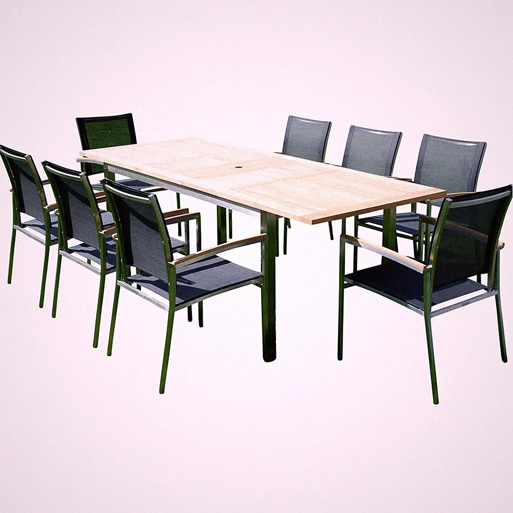 Gartengarnitur Edelstahl Teak Ausziehtisch 160/220x90 cm + 8 Sessel Batyline