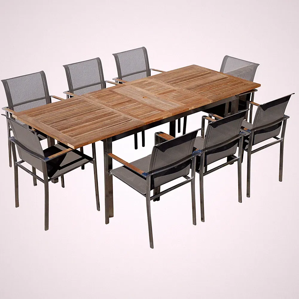 Gartengarnitur Edelstahl Teak Ausziehtisch 160/220x90 cm + 8 Sessel Batyline