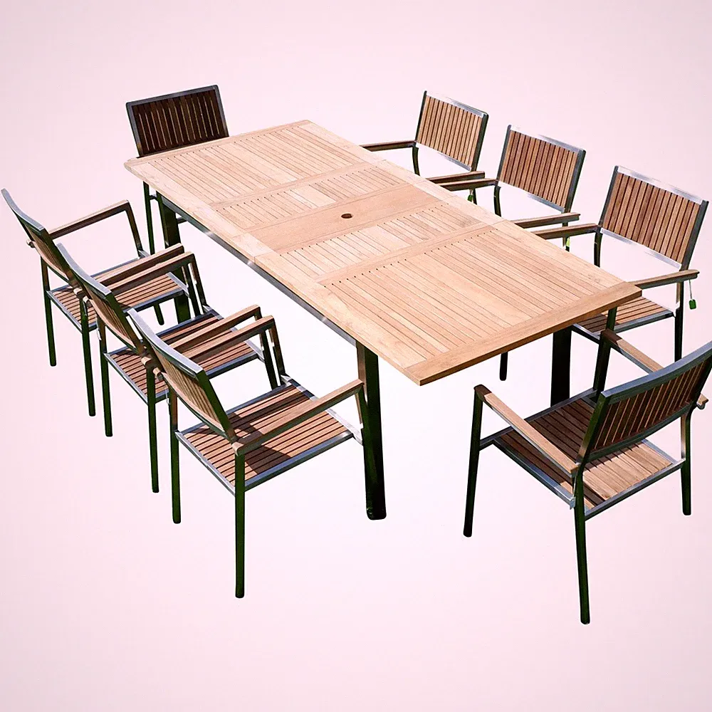 Gartengarnitur Edelstahl Teak Ausziehtisch 160-220x90cm +8 Sessel stapelbar KUBA
