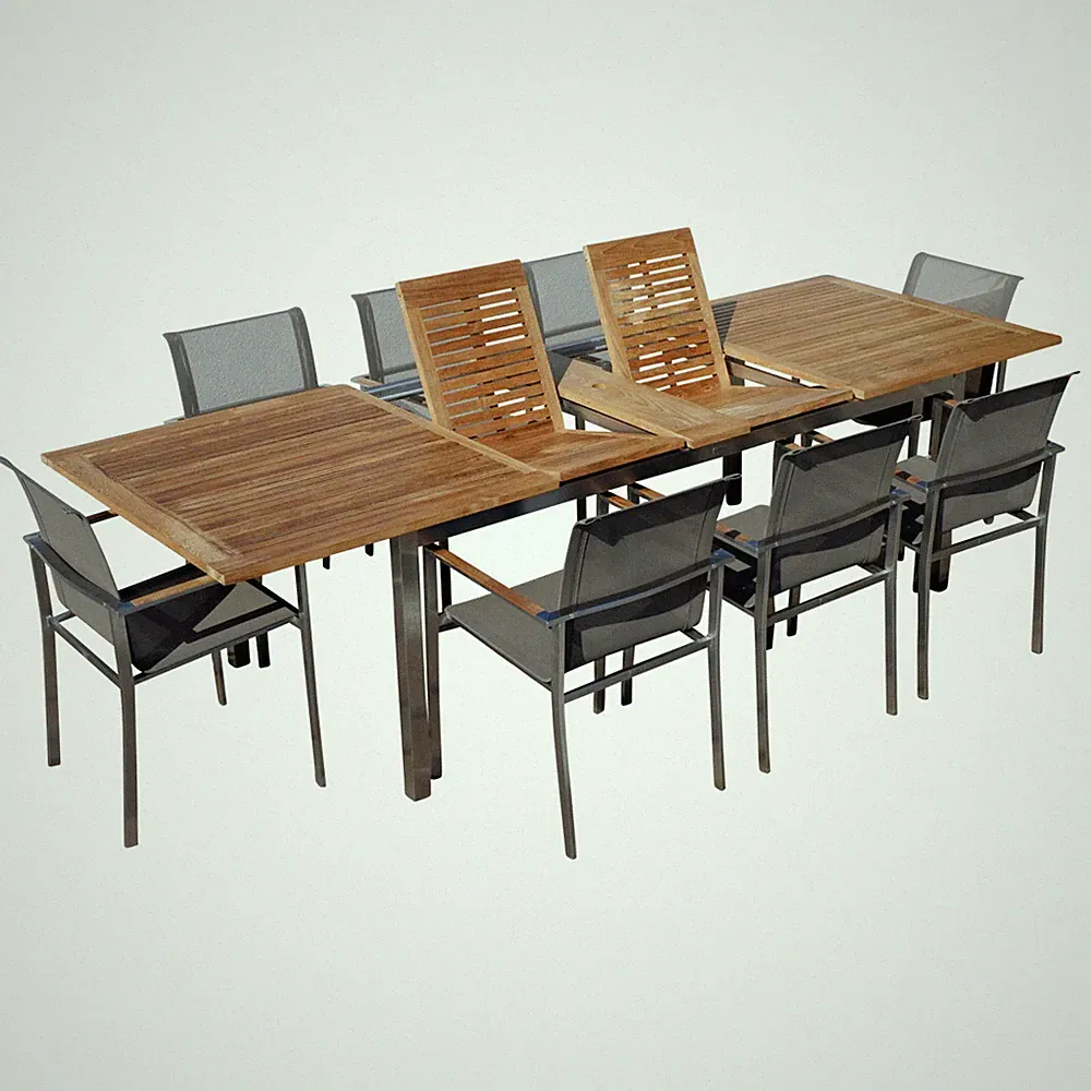 Gartengarnitur Edelstahl Teak Ausziehtisch 200-280x100 cm + 8 Sessel Batyline