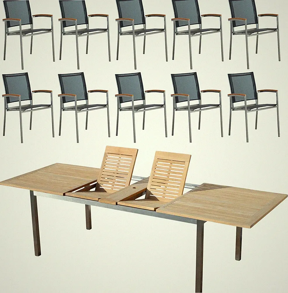 Gartengarnitur Edelstahl Teak Set:Ausziehtisch 200/240/280 + 10 Sessel Batyline