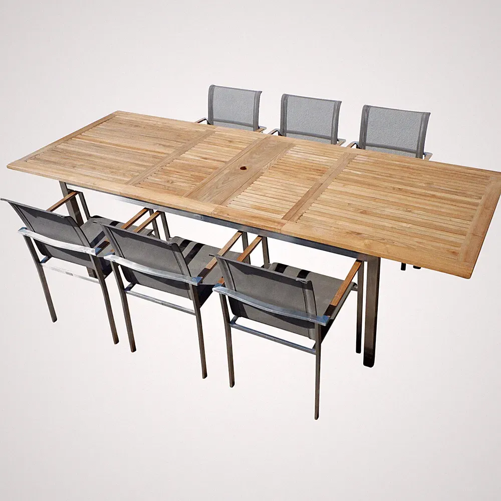 Gartengarnitur Edelstahl Teak Set: Ausziehtisch 200/240/280 + 6 Sessel Batyline