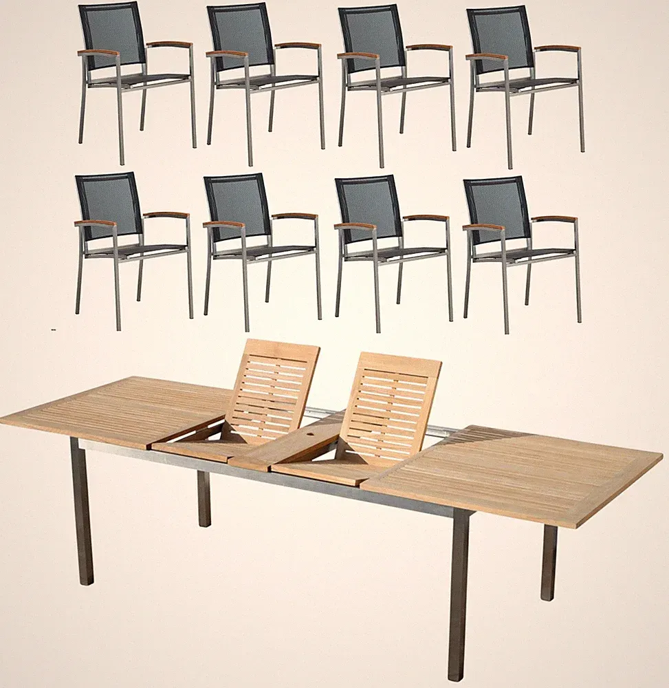 Gartengarnitur Edelstahl Teak Set: Ausziehtisch 200/240/280 + 8 Sessel Batyline
