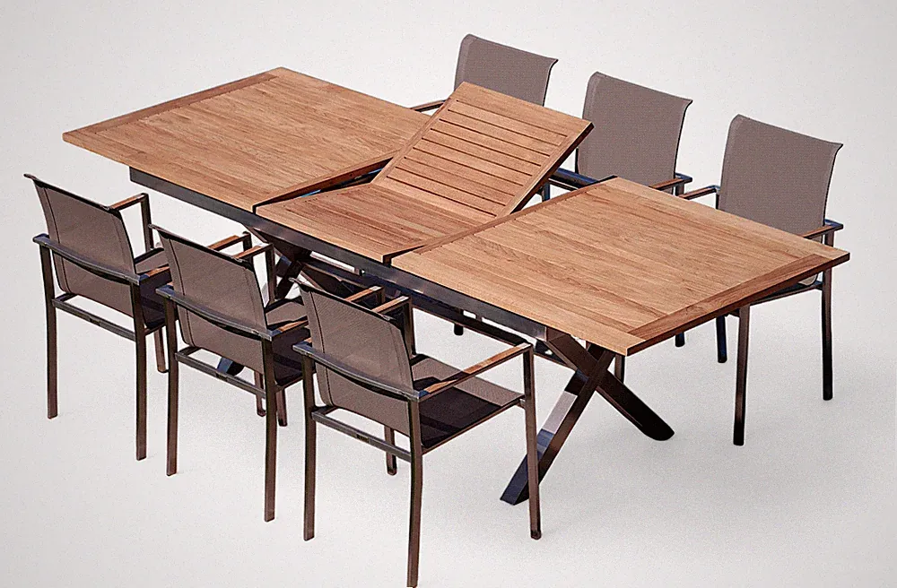 Gartengarnitur Edelstahl Teak Set: Ausziehtisch 200-260x100 cm + 6 Sessel Kuba